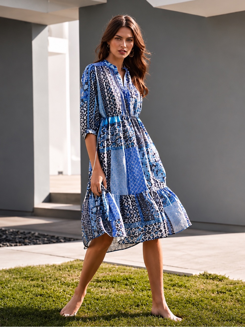 NWT Johnny Was Workshop Marrakesh Blue Patchwork Floral Drawstring Midi Dress M